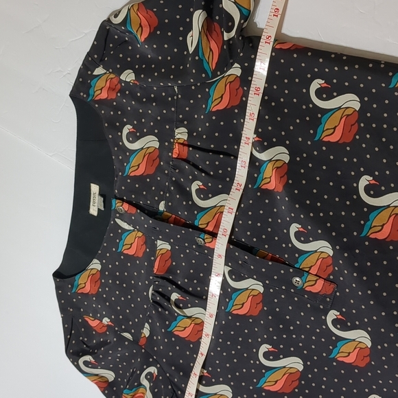 Fossil Silk Shift Brown Dress Swan Polka Dot Size XS - Picture 9 of 12